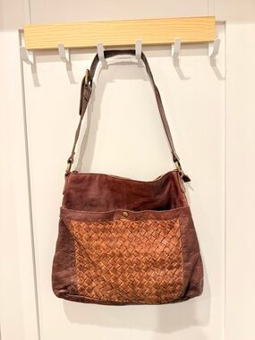 Woven Front Leather Shoulder Bag - Brown